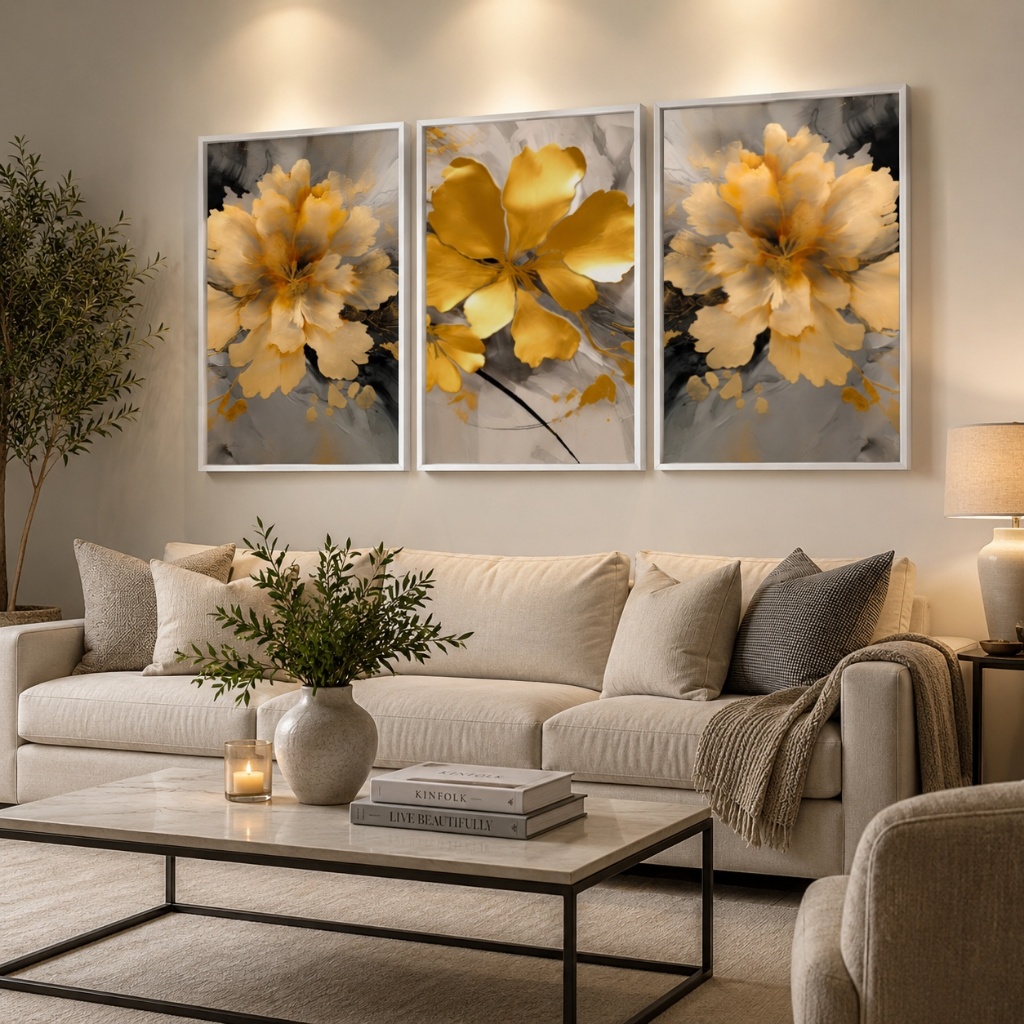 Quadro Decorativo Jardim de Outono 3 Telas Com Moldura Decorativo Sala Quarto
