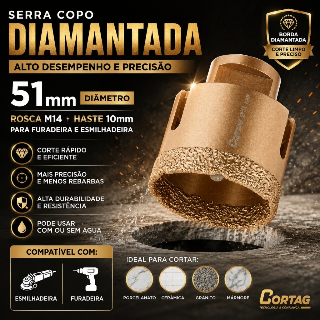 Serra Copo Diamantada Para Esmilhadeira 51 mm Rosca Haste 10mm Para Furadeira M14 Cortag