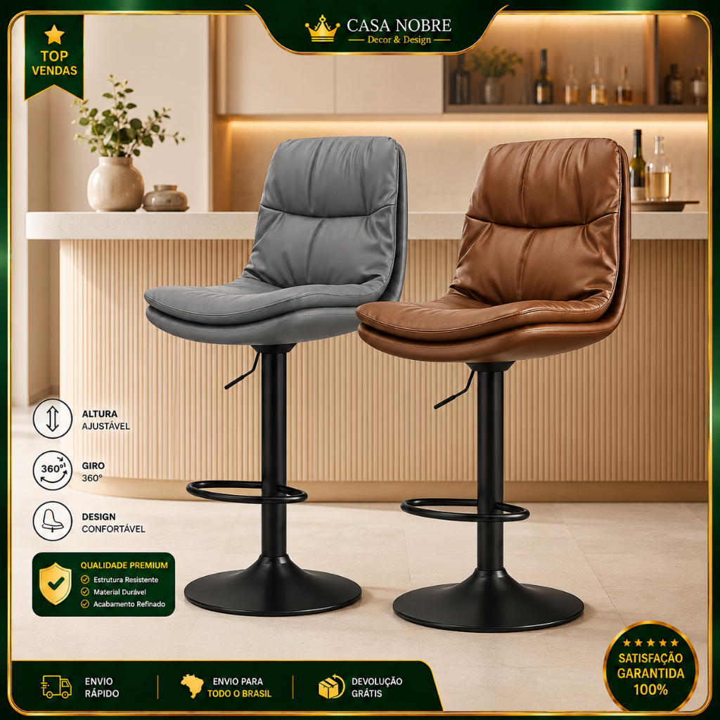 Banqueta de Bar Estofada Giratória com Regulagem de Altura - Ideal para Cozinha Americana, Balcão