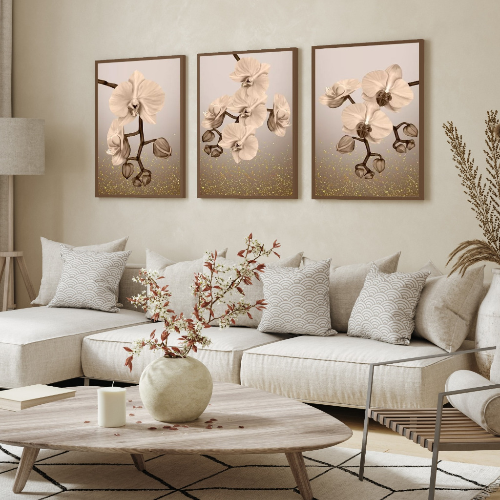 kit 3 quadro Decorativo Orquídea Floral galhos Sala Kit Quarto Nicho Flores com molduras