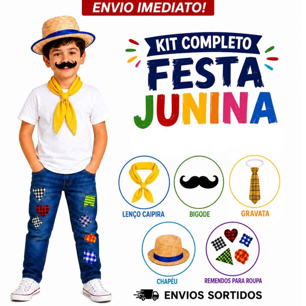 Kit Look Fantasia Roupa Junina Caipira Completo Festa Quadrilha Menino Infantil Arraial Escola