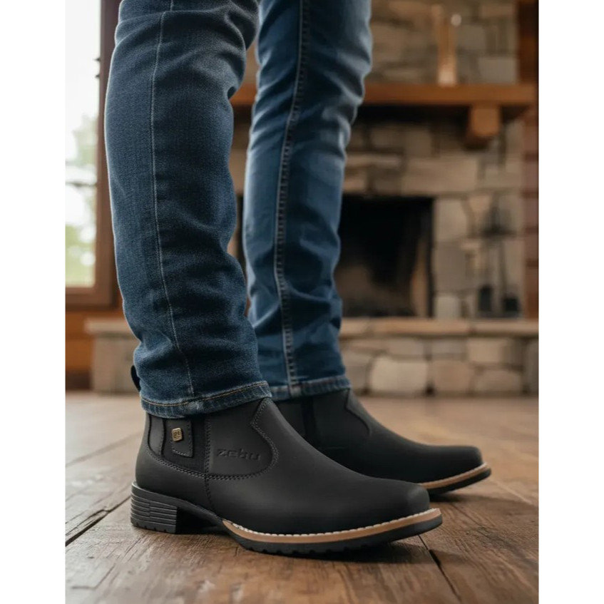 Botina Feminina Zebu Nobuck Preto Bota Country Com Estilo Western E Bico Quadrado