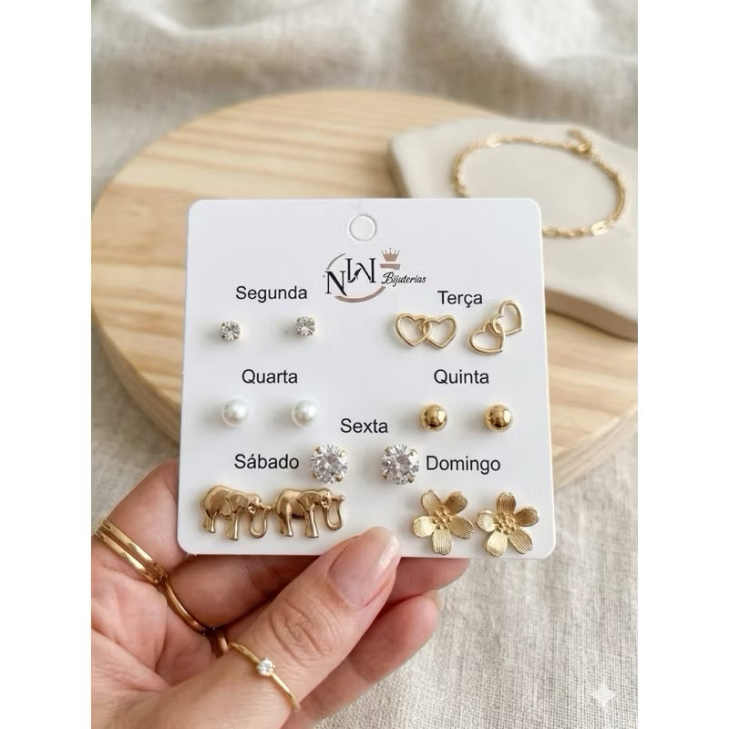 Detalhes do Kit Semaninha 7 Pares Brincos Semana Inteira Dourados Feminino Fofo Coração Pérola | Look Completo