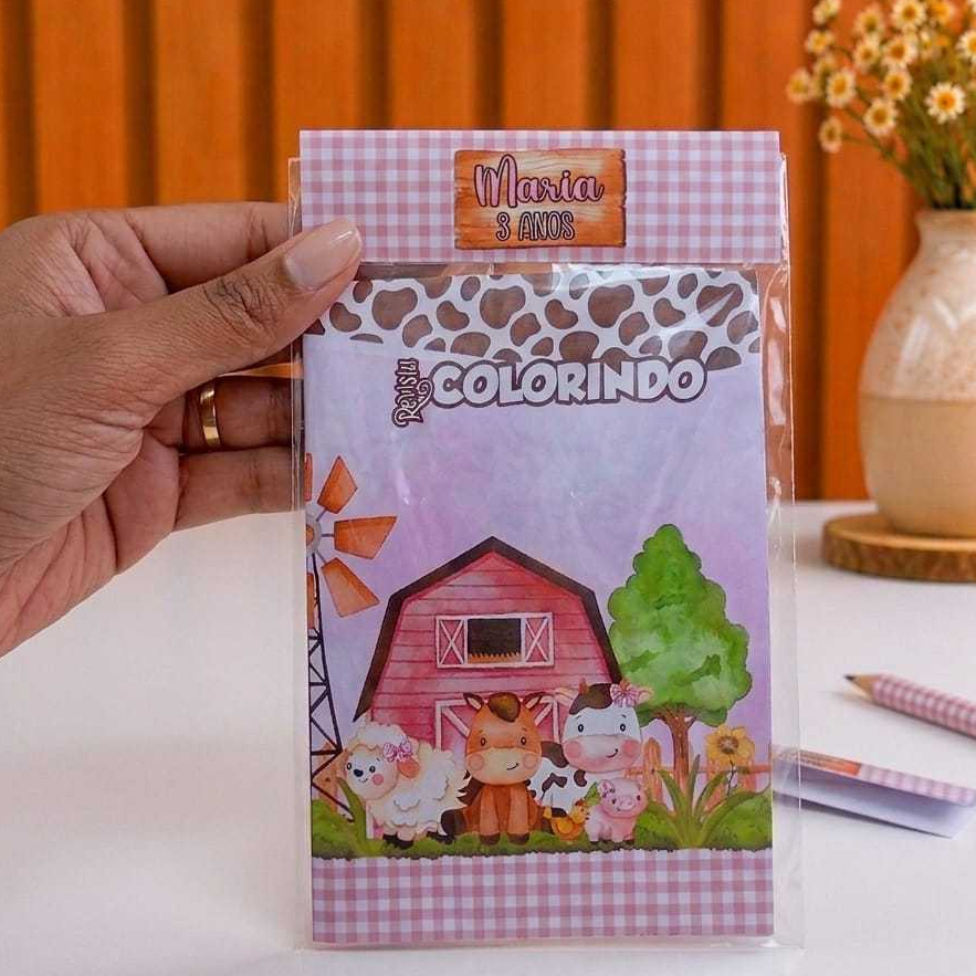 Mini Livro de Colorir Fazendinha Rosa – Livrinho de colorir Lembrancinha Personalizada Infantil – Revista(PEQUENA)