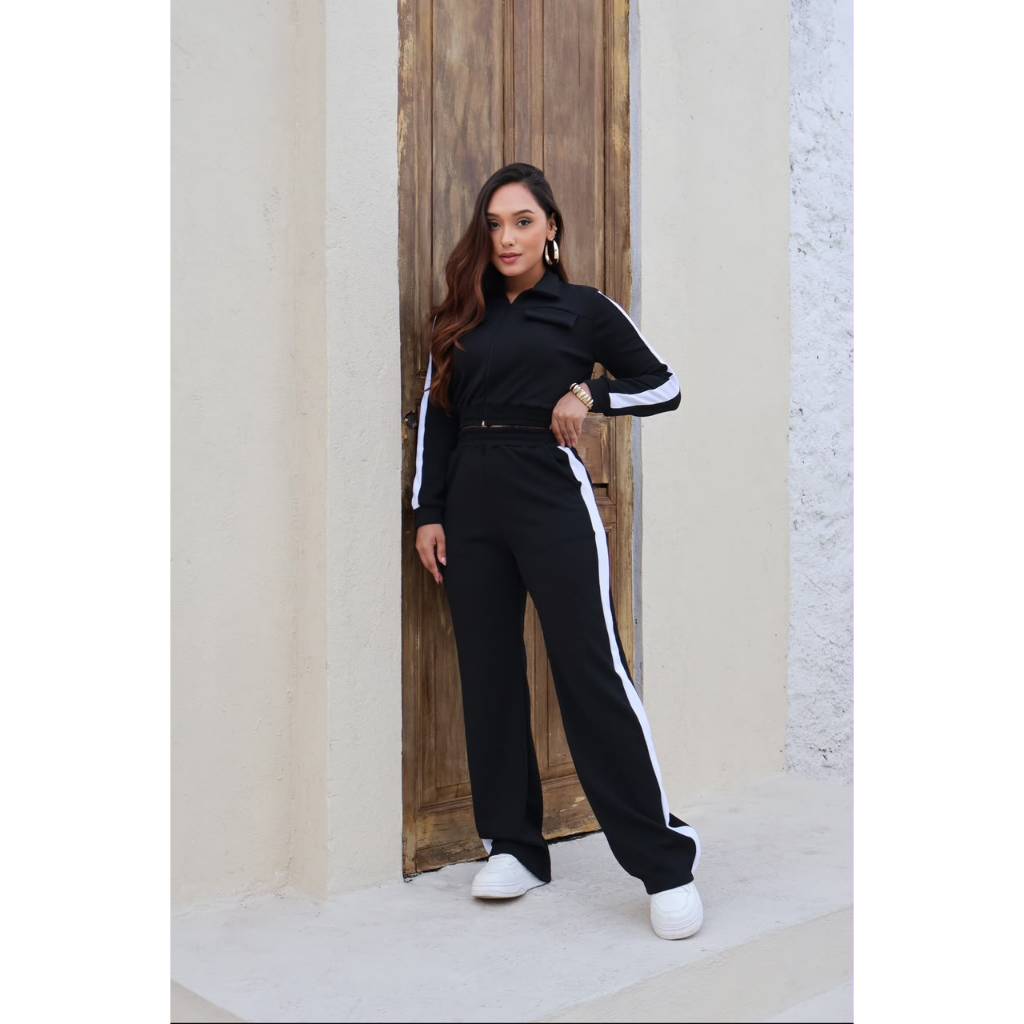 Conjunto Feminino Calça Pantalona Com Listra Lateral Com Bolso Casaco Zíper Moda Gringa