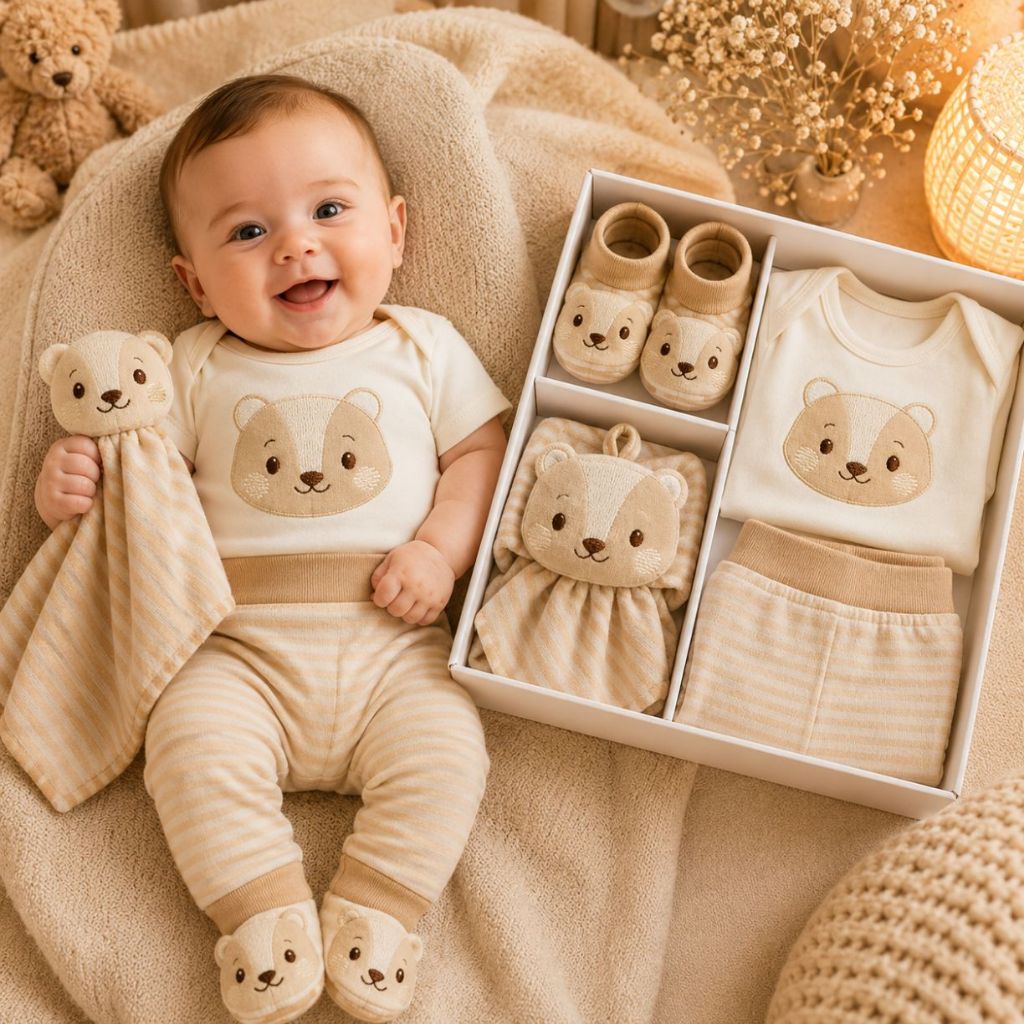 Kit Presente Bebê Raposa Naninha Pantufa 3D Body Algodão Calça Mijão Bege Neutro Recém Nascido P