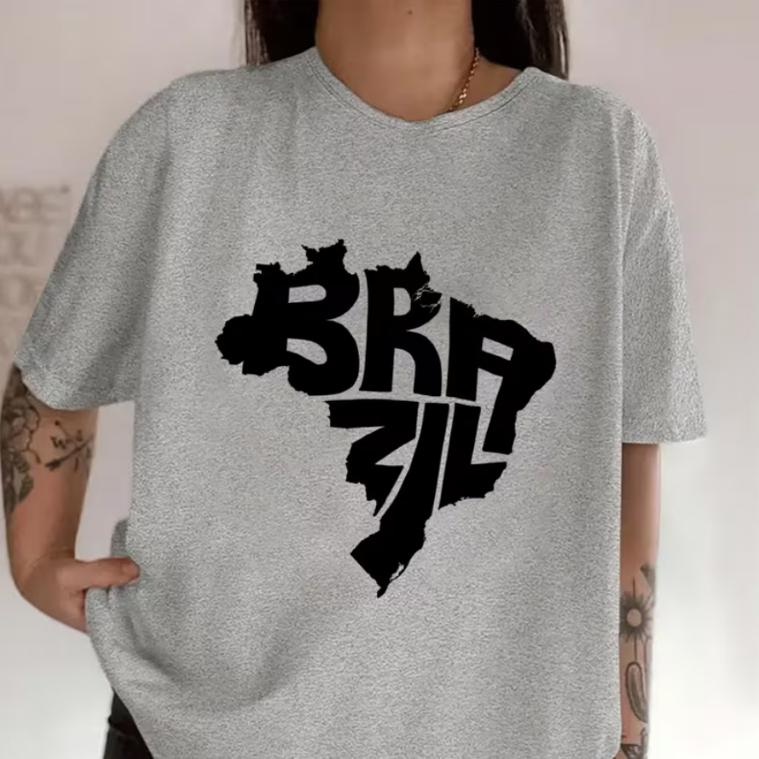 Camisa Camiseta Feminina Brazil Brasil Mapa Escrito Confortável Estilosa Tendência Algodão