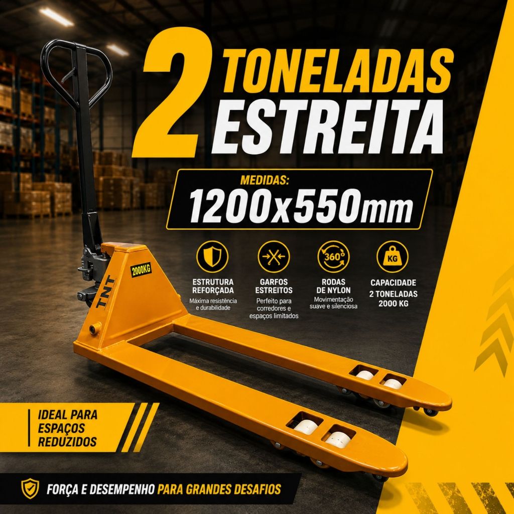 Paleteira Transpallet Manual 2 Toneladas Estreita 1200x550mm 2000KG TNT Rodas Nylon Reforçada