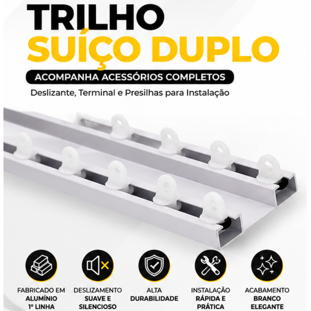 Trilho Suíço Duplo Max Para Cortina Em Alumínio Branco –Trilho Deslizante Resistente, Pronto Para Instalar Todas Medidas