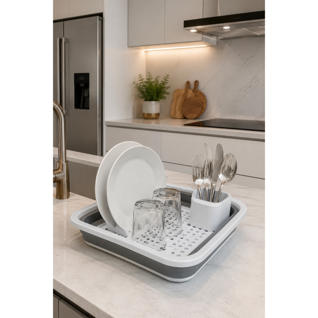 Escorredor de Louça Silicone Dobrável Retrátil para Pia Organizador  Prato Talheres Cozinha Compacta