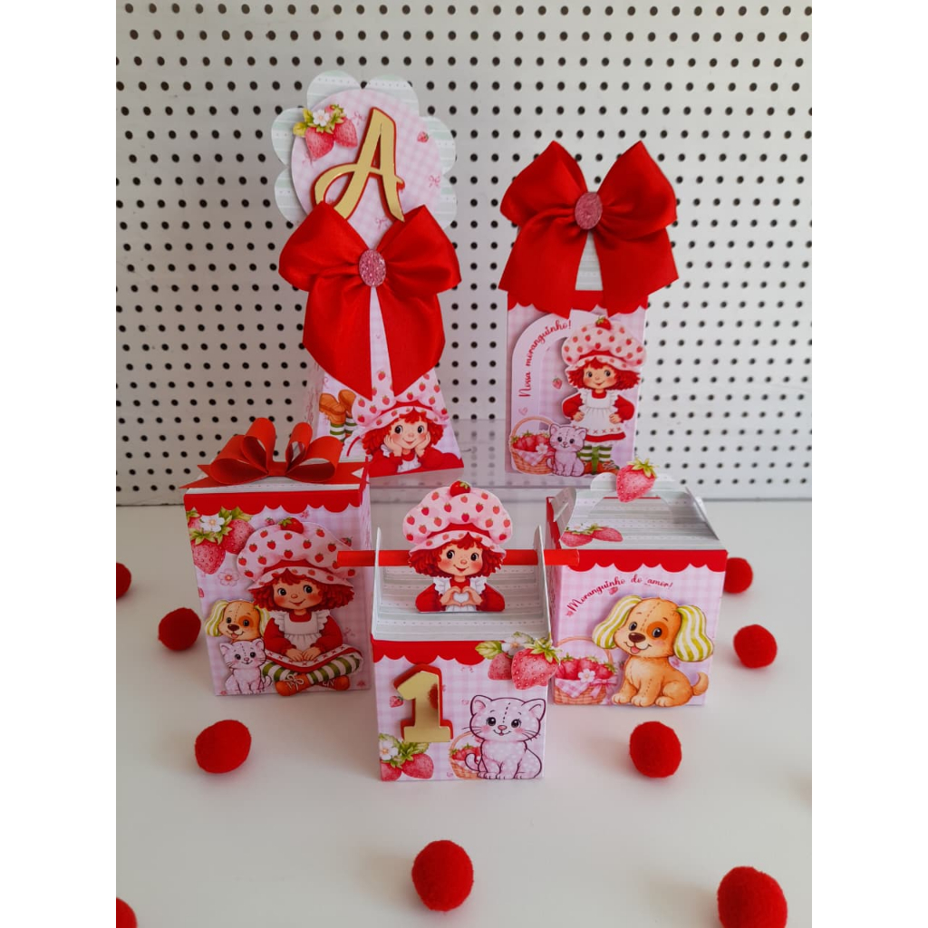 PEGUE E MONTE PREMIUM - Kit Festa Personalizados MORANGUINHO Lembrancinhas Caixinhas de aniversário para festa