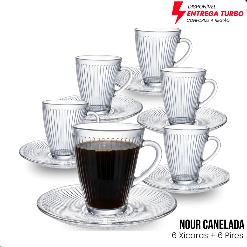 Jogo de Xícaras com Pires de Vidro Canelado 12 Peças 175ml Transparente