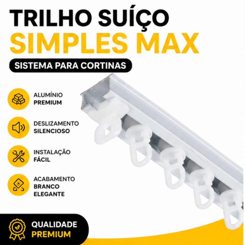 Trilho Suíço Simples Max Alumínio Branco Presilhas + Deslizantes + Terminais  + Parafusos para instalação