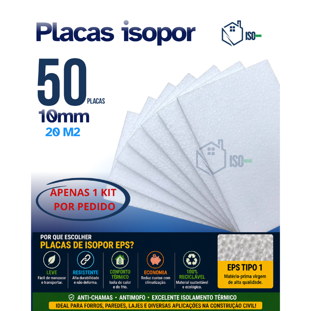 Kit 50 Placas EPS para Forro 1CM AntiChamas | Isopor Construção Civil com Isolamento Térmico (R)