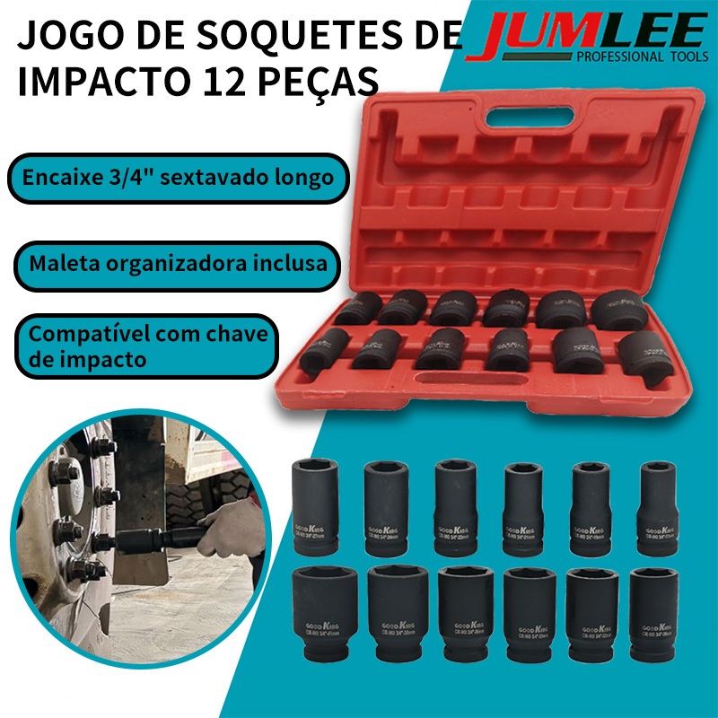 Jogo de Soquetes de Impacto 12 Peças 3/4" Sextavado Cr-Mo Profissional com Maleta para Caminhão Ônibus
