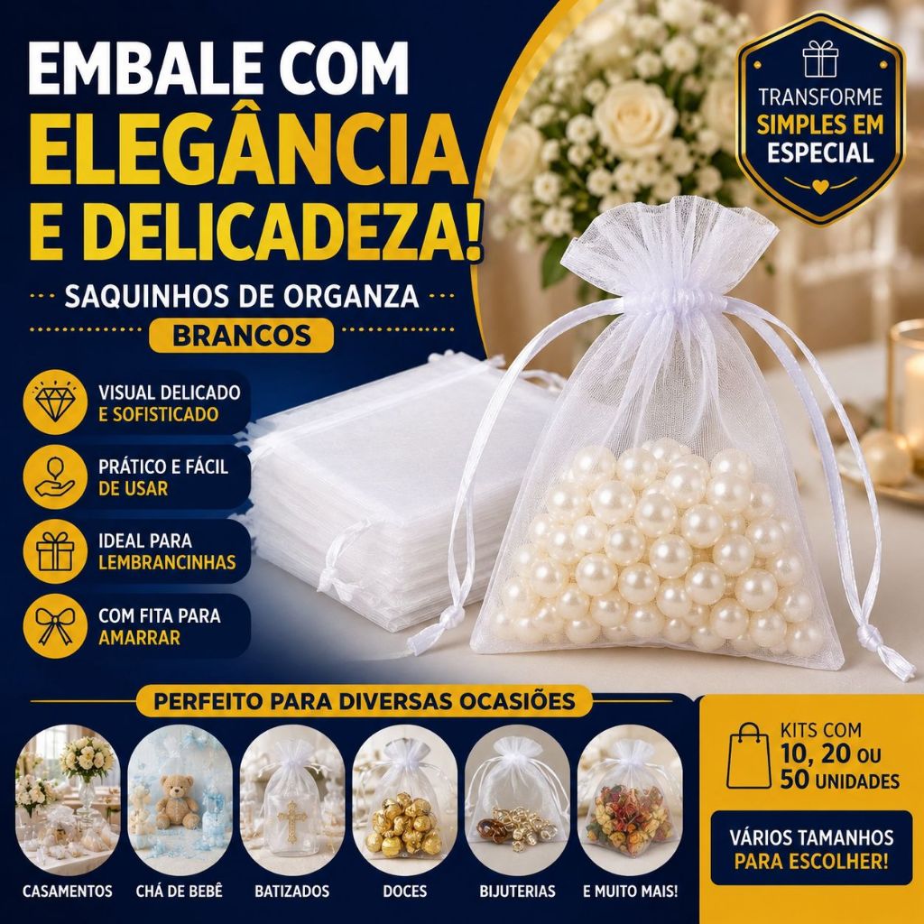 Kit Saquinho Organza Branco Lembrancinha Casamento Batizado Chá Bebê Bijuteria Doces Festa Embalagem
