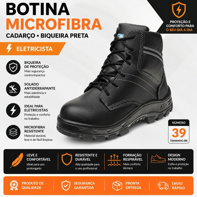 Botina Microfibra Cadarço Biqueira Preta 39 Eletricista Marluvas