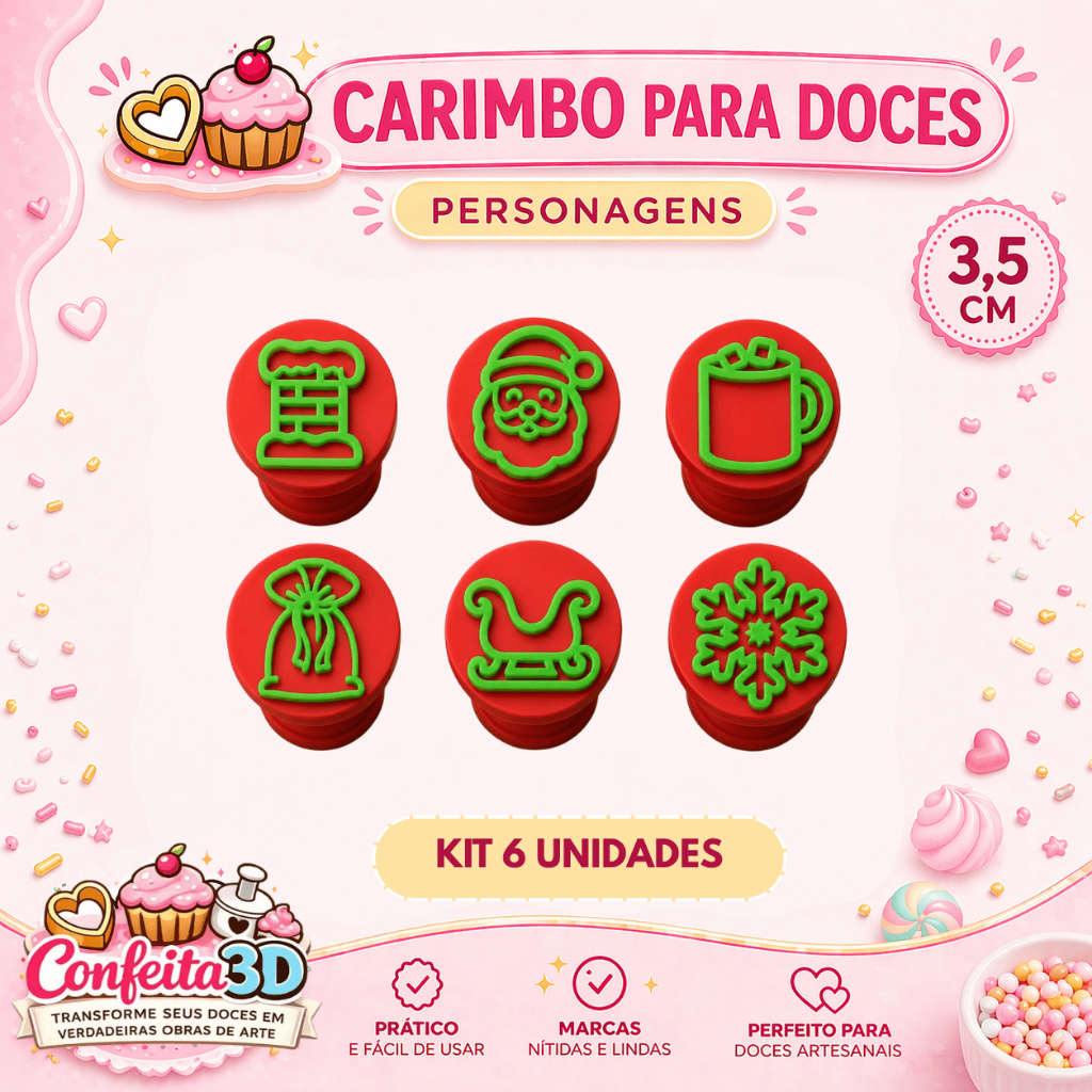 Kit 6 Carimbos para Doces Natal Encantado | Papai Noel, Trenó, Meia, Floco de Neve e Chocolate Quente