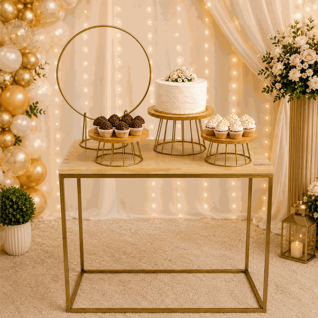 Kit Decoração Organizador Festa Provençal Luxo Completo Mesa Cubo 3 Boleiras Arco Redondo Decorativo