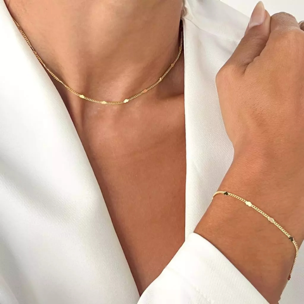 Conjunto Colar e Pulseira Feminina Folheado a Ouro 18K Delicado Elegante Semijoia