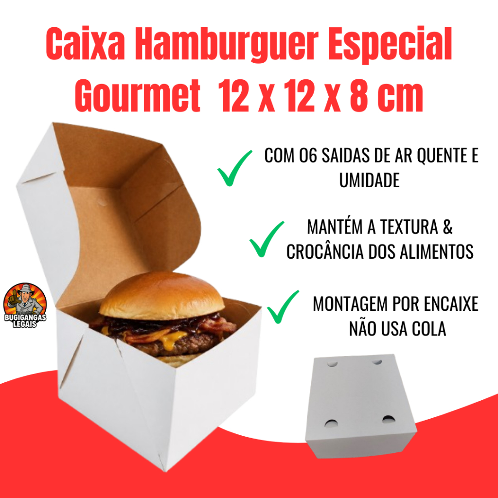 50 Caixas Hambúrguer Gourmet 12x12x8 cm Delivery  Embalagem Branca com Respiro  Montagem por Encaixe