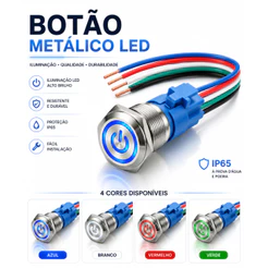 Botão On Off Inox 19mm Prata + Chicote Ligação 220v 3a Com Led Azul Vermelho Verde Branco 12v
