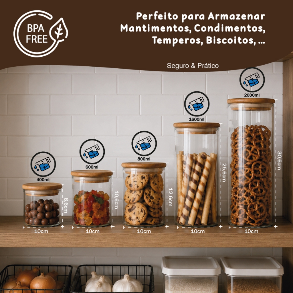 Kit 5 Potes de Vidro com Tampa de Bambu para Condimentos e Alimentos — foto 8
