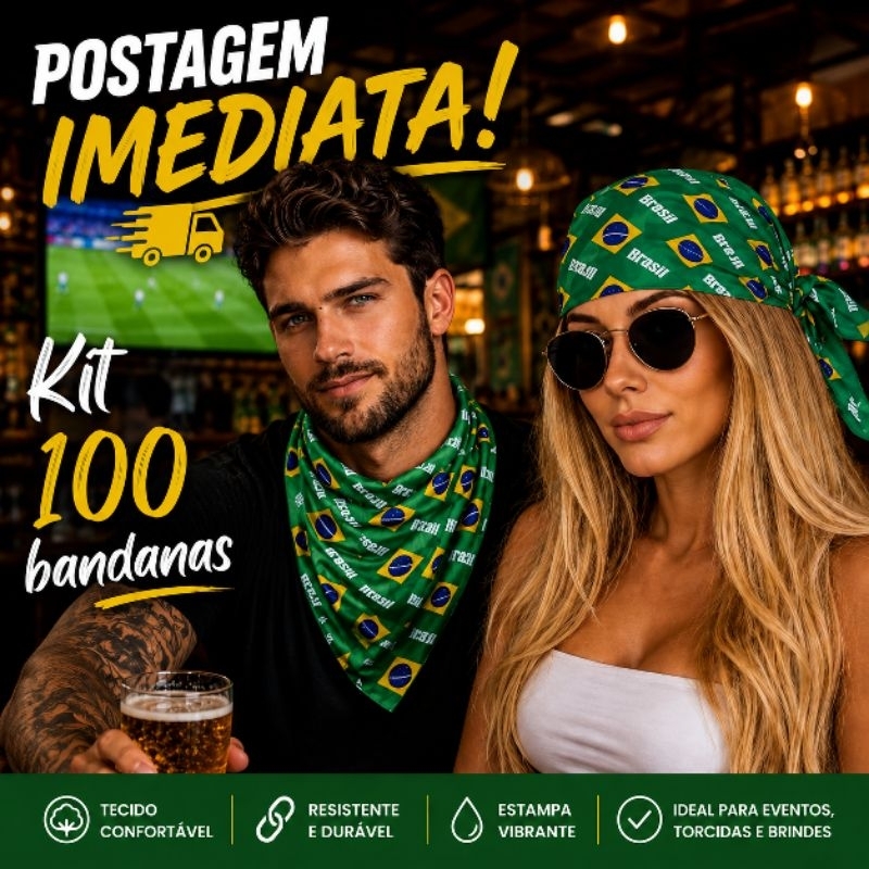 Bandana Lenço Brasil Kit 100 PEÇAS Bandeira Torcida Copa do Mundo