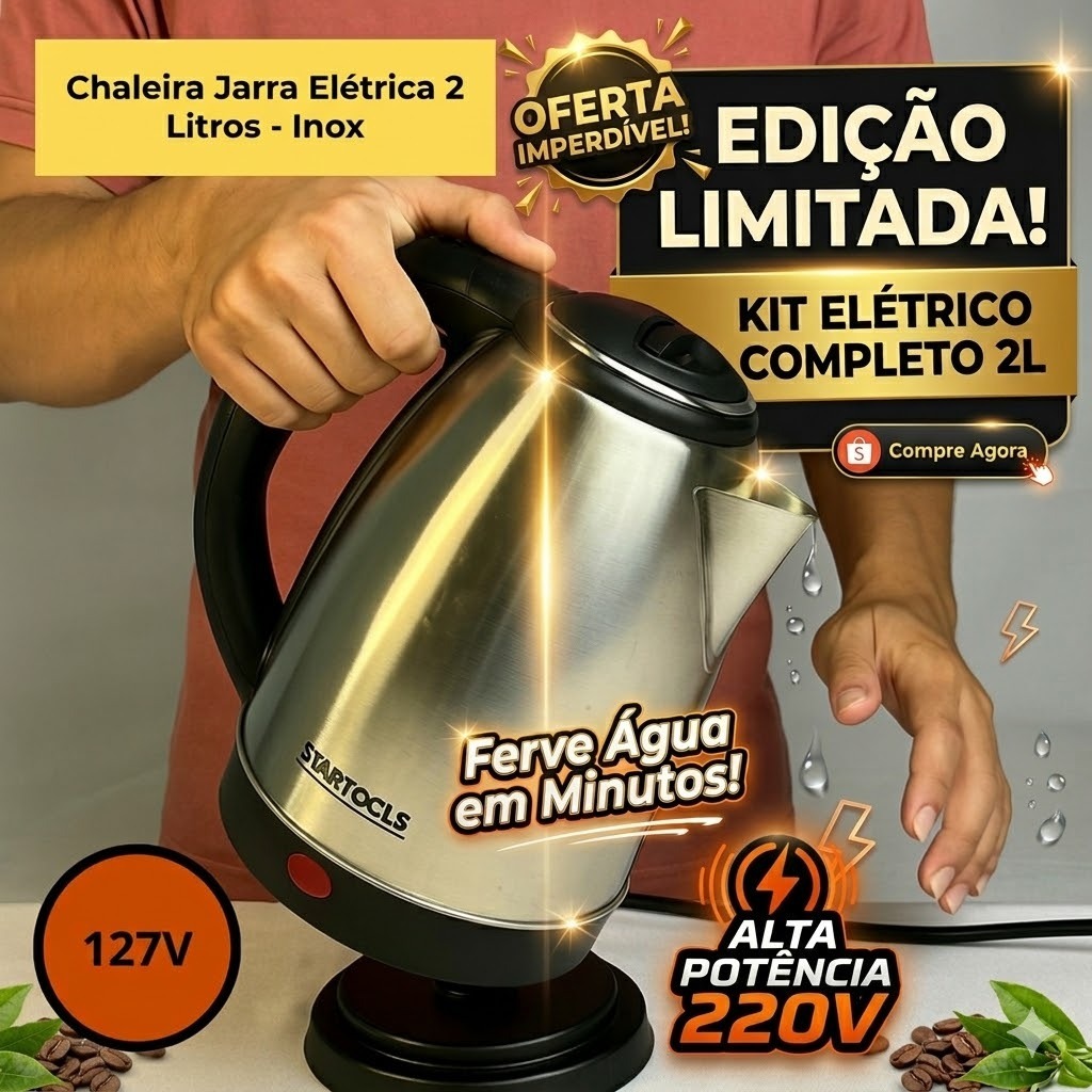 Chaleira Elétrica Inox 2L 127V/220V Aquecimento Rápido Desligamento Automático Base 360° Jarra Elétrica
