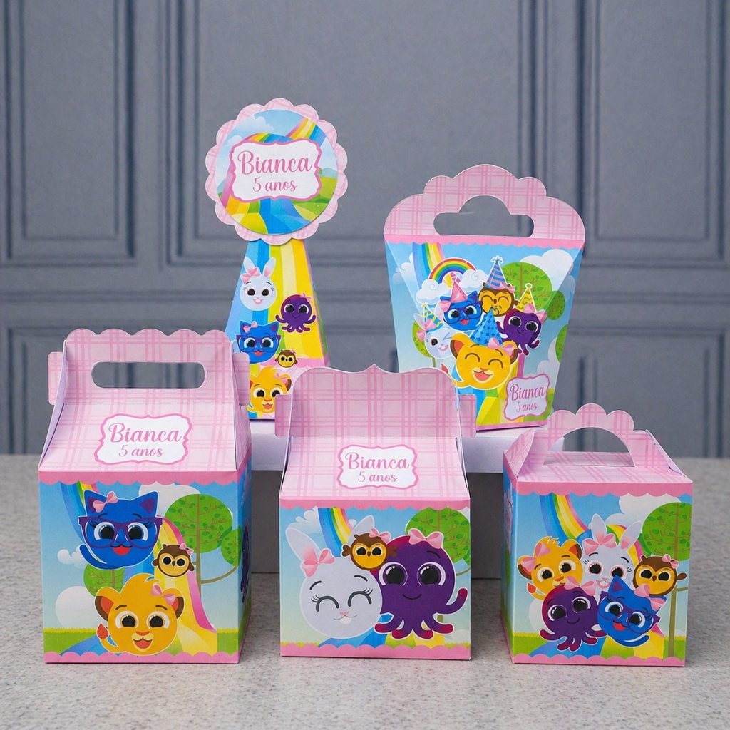 Kit Caixinhas Papelaria Personalizada Bolofofos menina Lembrancinha Surpresa aniversário festa infantil Desmontado