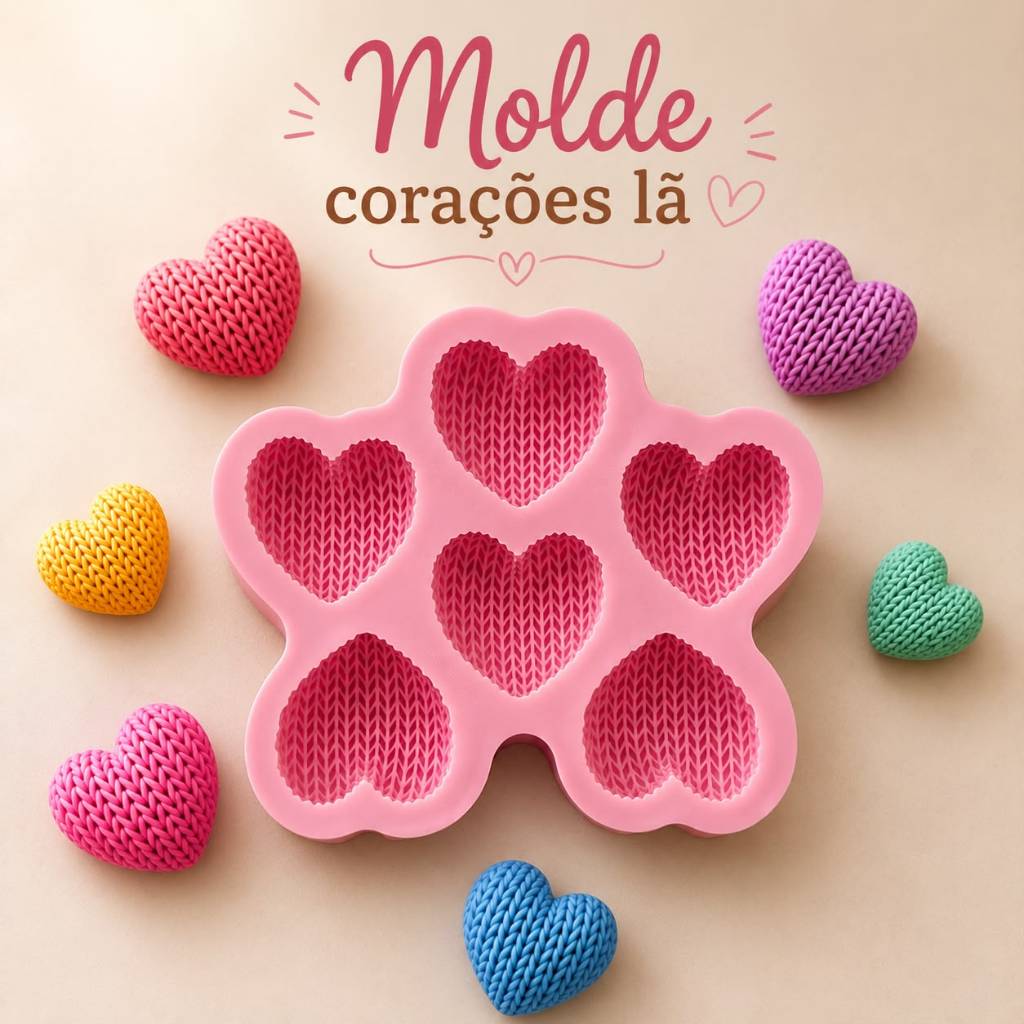 Molde de Silicone Kit Corações de Lã 6 Cavidade - Tricô,  Aplique, Vela, Biscuit, Sabonete