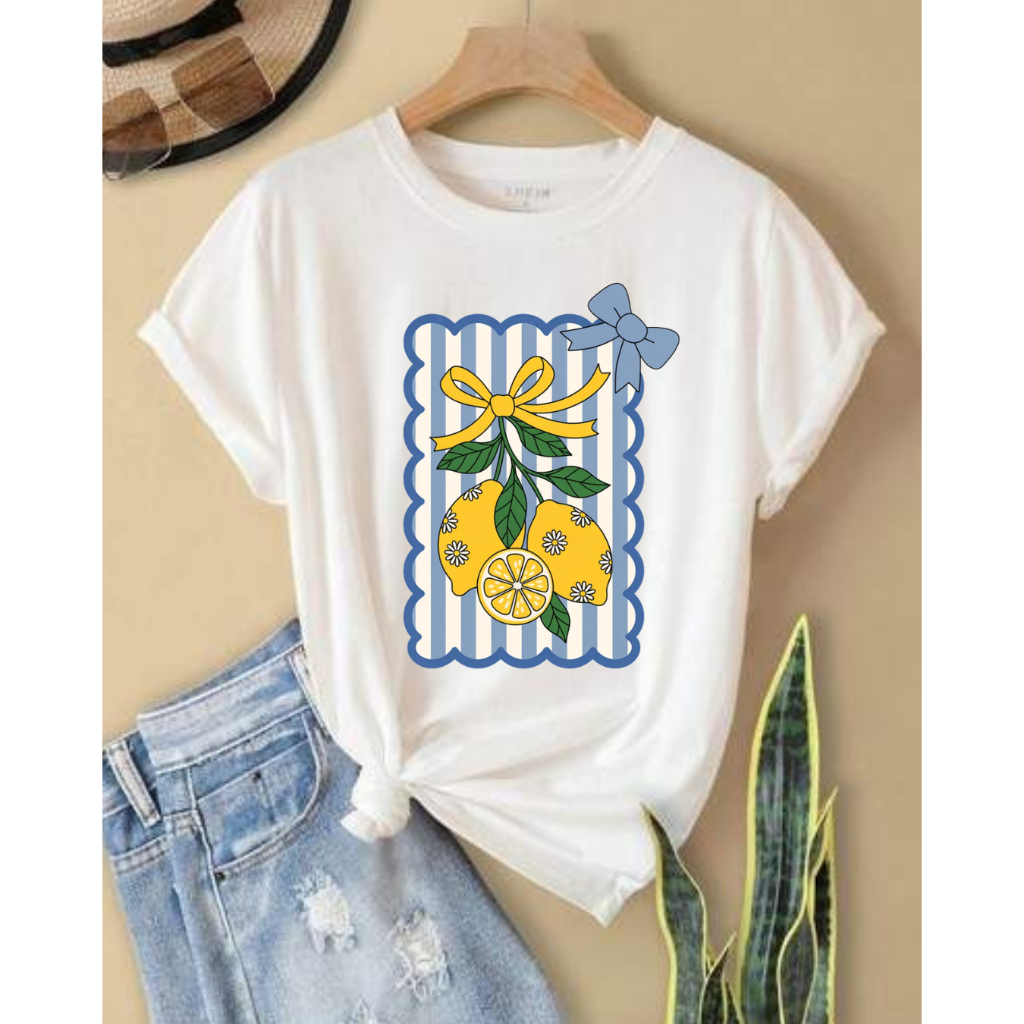 Camiseta Branca Estampa Lemon Moda Feminina 100% Algodão Premium Casual Confortável Estilosa Versátil