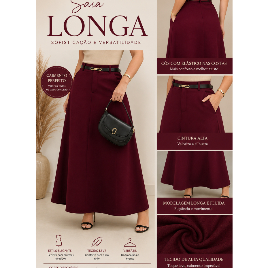 Saia Longa Feminina Alfaiataria com Cintura Alta e Modelagem Elegante P ao G1