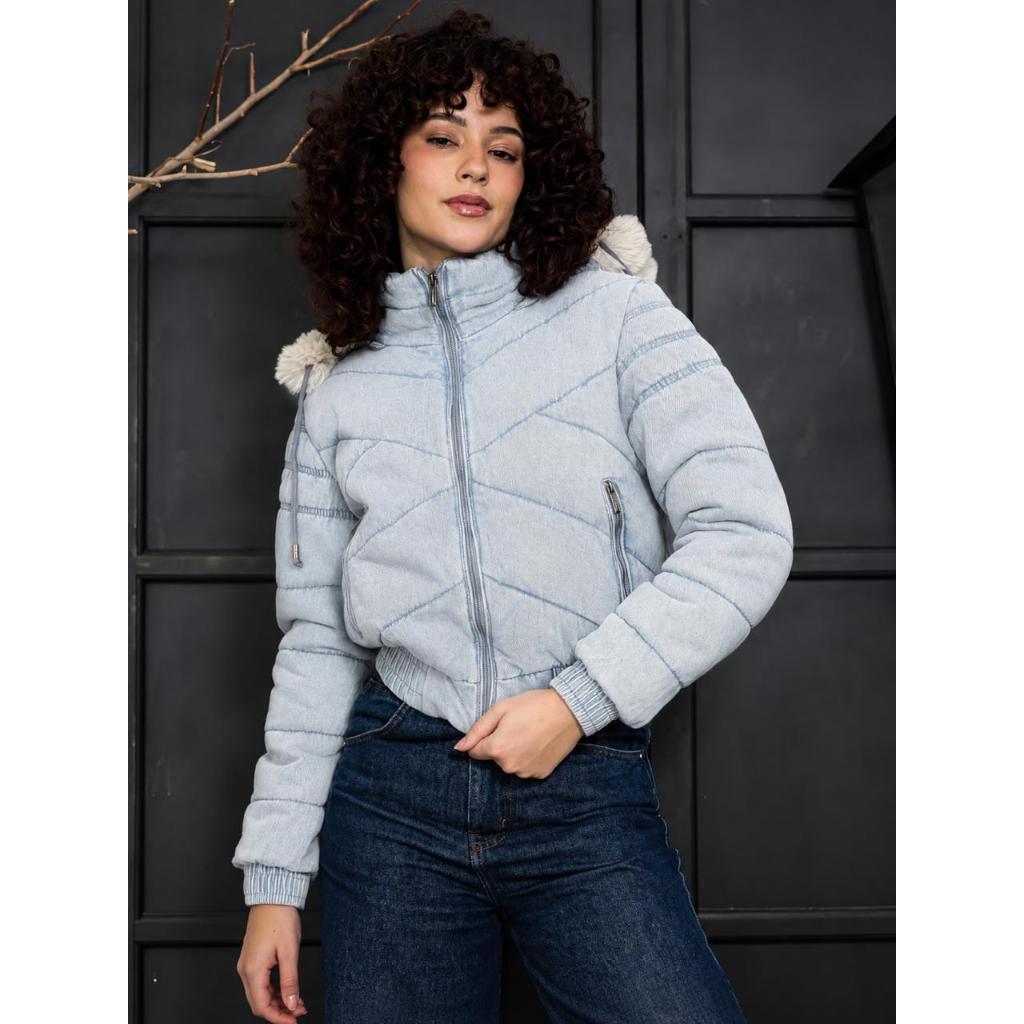 Jaqueta Puffer Jeans Krayani  Pelúciada por Dentro com Capuz Removível Cropped