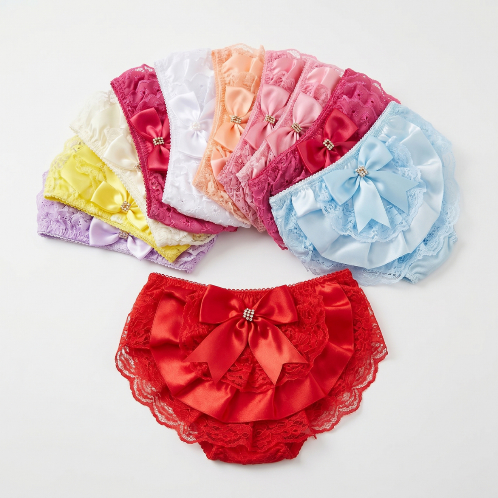 Kit 3 Calcinha Infantil Para Menina Criança E Bebê Kids Bunda Rica Renda Com Laço De Fita Capa/Tapa Fralda Com Babado
