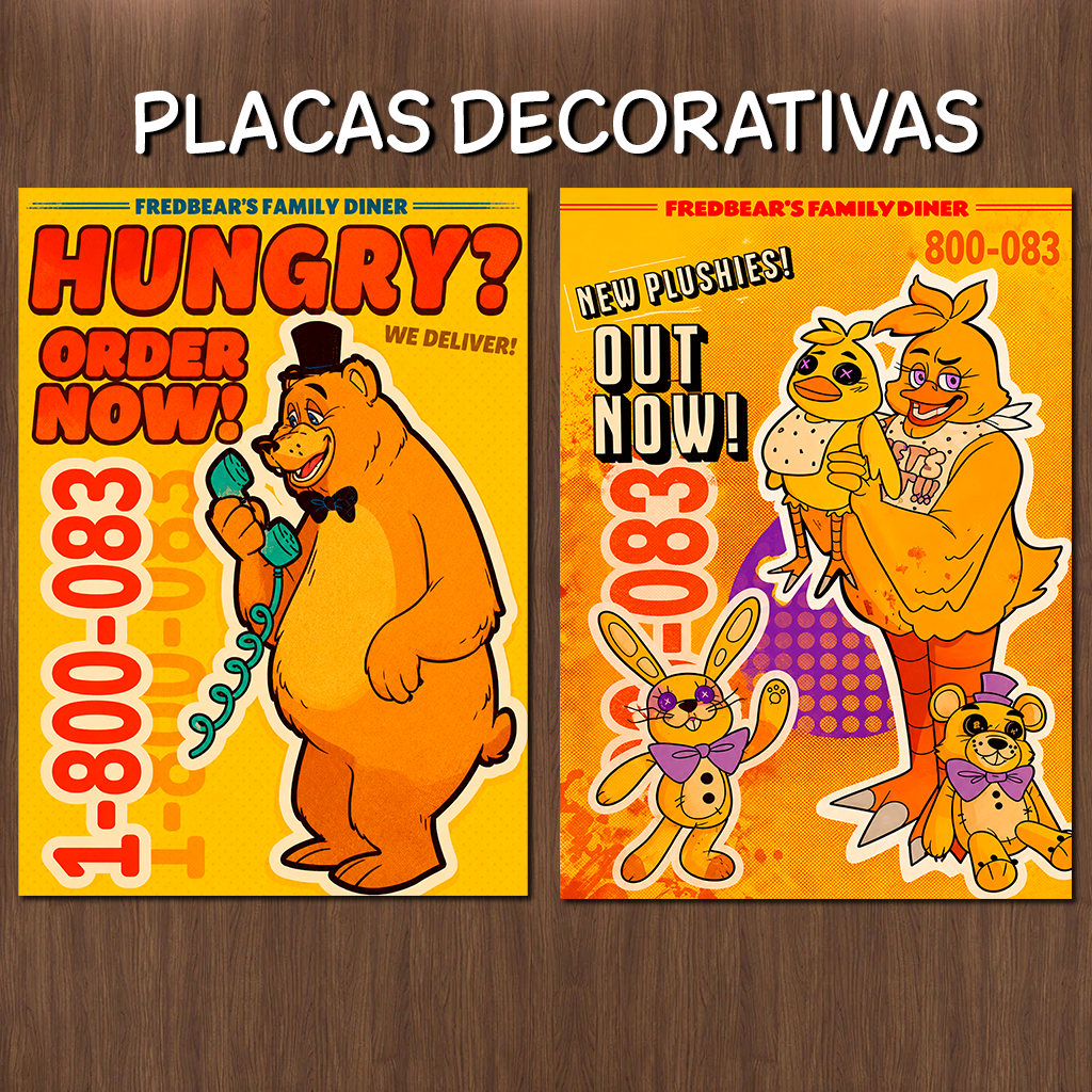 KIT 2 Placas Decorativas Five Nights At Freddy's Fredbear's Family Diner 20x28.5cm