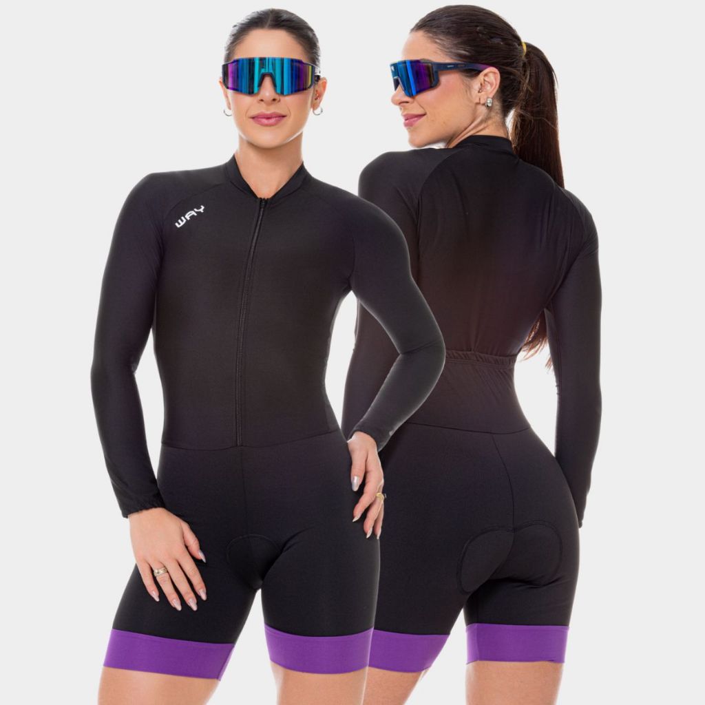 Macaquinho Ciclismo Feminino Macacão Manga Longa Forro Gel Way Fresh Preto Roxo Roupa Bike MTB