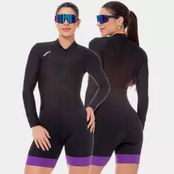 Macaquinho Ciclismo Feminino Macacão Manga Longa Forro Gel Way Fresh Preto Roxo Roupa Bike MTB