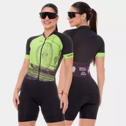 Macaquinho de Ciclismo Feminino Macacão Forro Espuma Bike Roda Verde Almofadado Bike Pedal Mtb