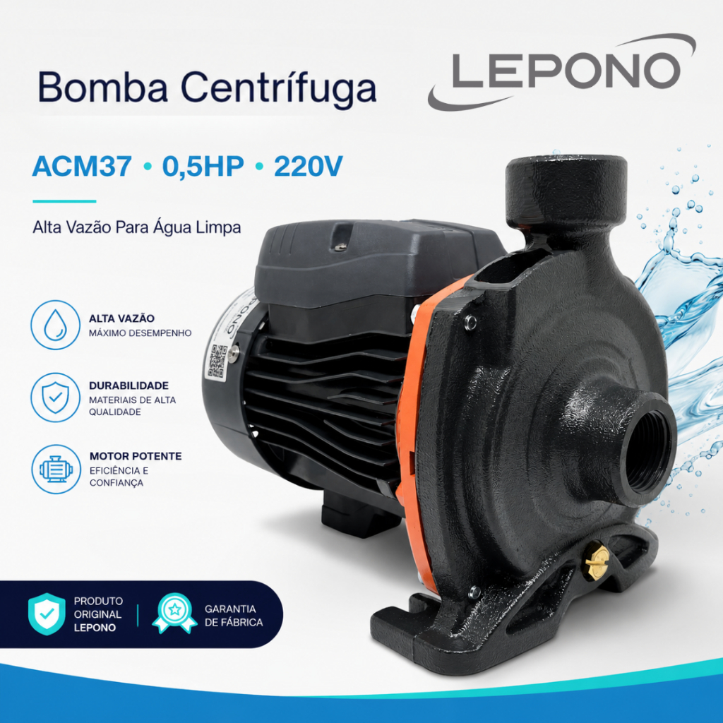 Bomba Centrífuga Lepono ACM37 0,5HP 1/2CV 220V Monofásica Água Limpa 6000 L/h 23m Ferro Fundido
