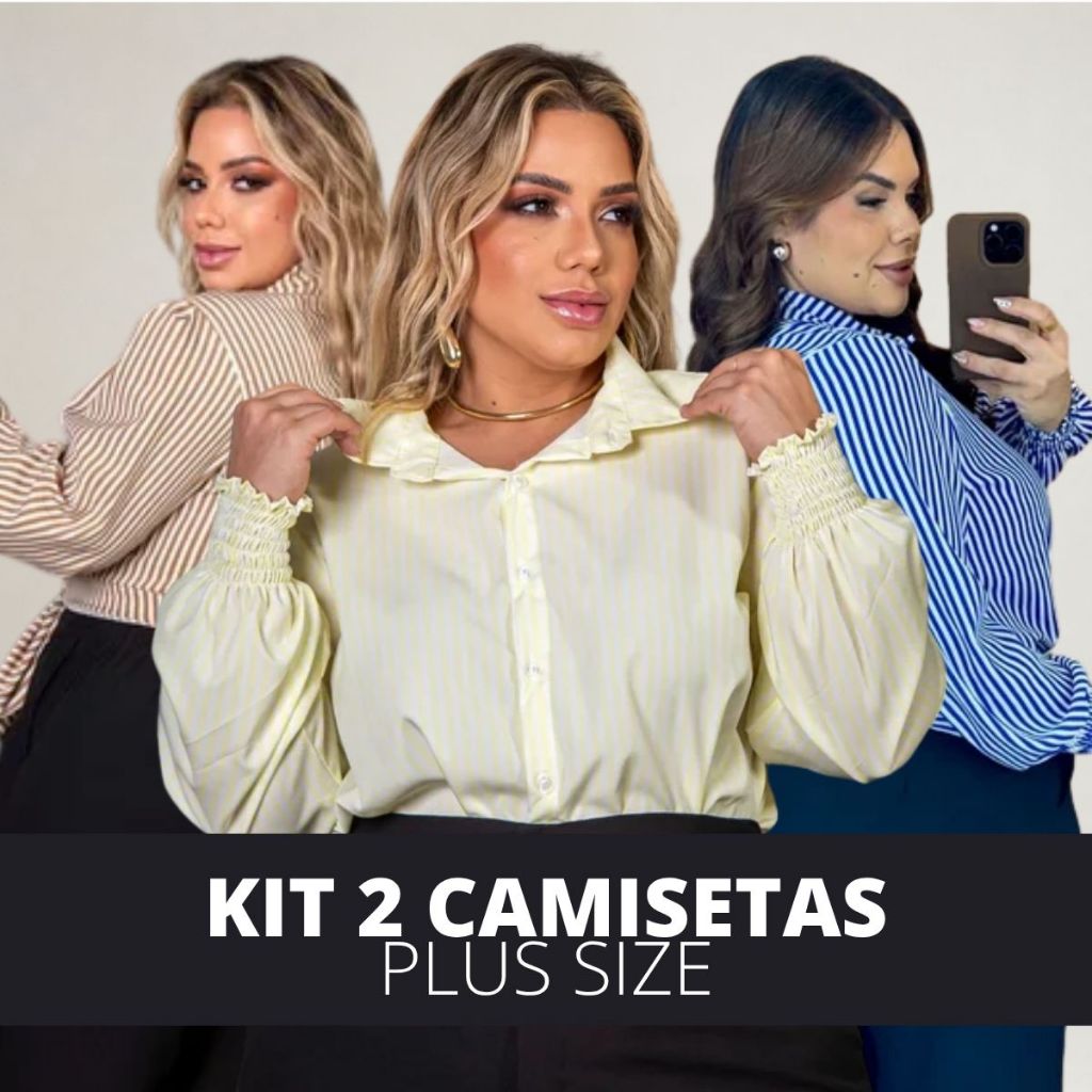 Kit 2 Camisa Plus Size Feminina Listrada Manga Longa Blusa Social Casual Confortável