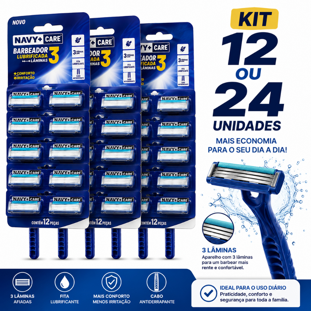 Barbeador Descartável 3 Lâminas Com Tampa Protetora Fita Lubrificante Kit 12 ou 24 Unidades
