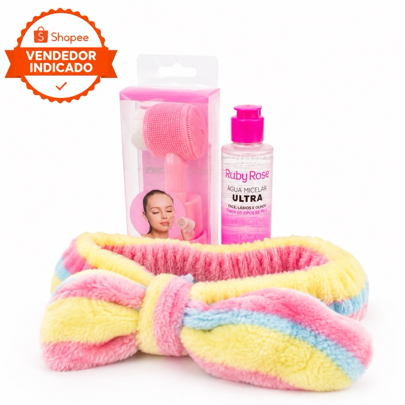 Kit Skincare Ruby Rose Água Micelar Ultra 120ml + Escova Facial de Silicone + Faixa de Maquiagem