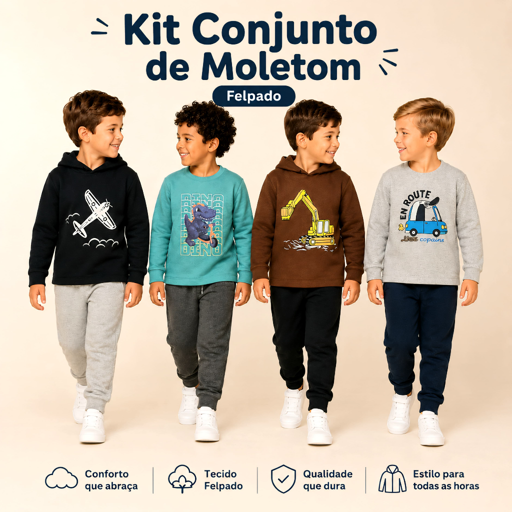 kit Conjunto De Moletom Infantil Menino 1 ao 8 - Felpado  Roupas De Inverno conjunto De Frio