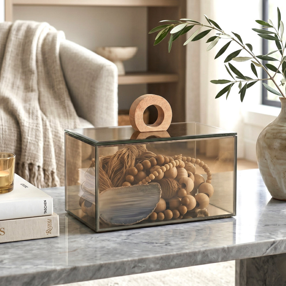 Caixa Organizadora Decorativa Multiuso Grande Vidro Puxador Madeira 12x22x12cm - Aparador Sala Hall