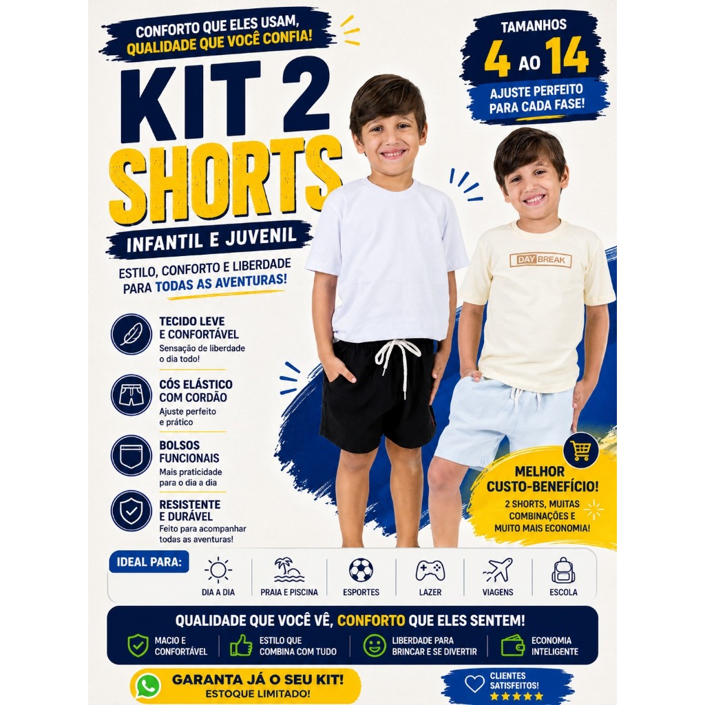 Kit 2 Shorts Infantil Juvenil em Linho Premium – Conforto, Estilo e Qualidade
