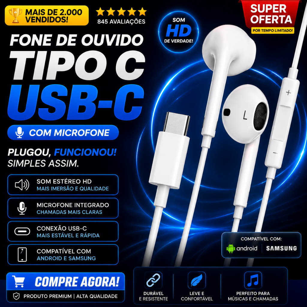 Fone de Ouvido Tipo C USB-C com Microfone Som Estéreo HD Compatível Com Android Samsung
