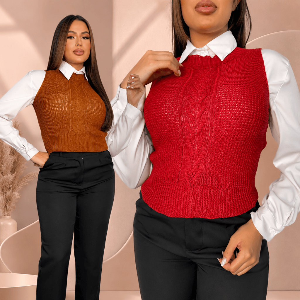 Colete Feminino Tricot Trançado Pullover Elegante Moda Inverno Luxo Blogueira Blusinha Sem Manga