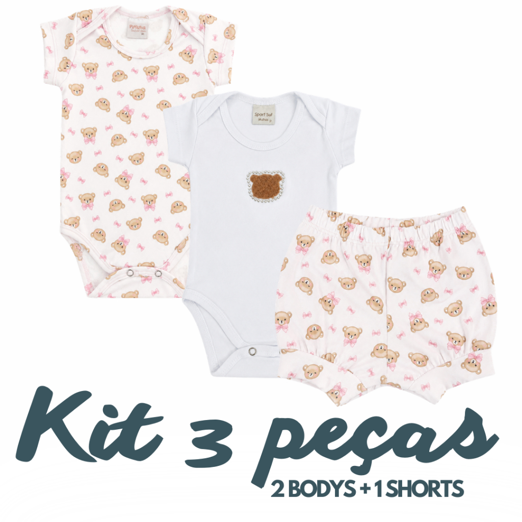 Kit 3 Peças Bebê 2 Body + Shorts Mijão P/M/G Roupa Bebê Menina Enxoval Presente Infantil
