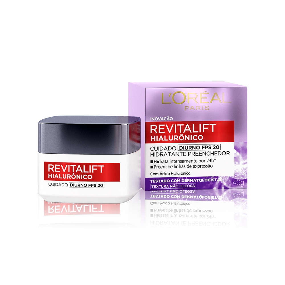 Imagem Creme Hidratante Facial Antirugas Diurno, FPS 20, Melhora a Firmeza, L'Oréal Paris Revitalift Hialurônico 49g
